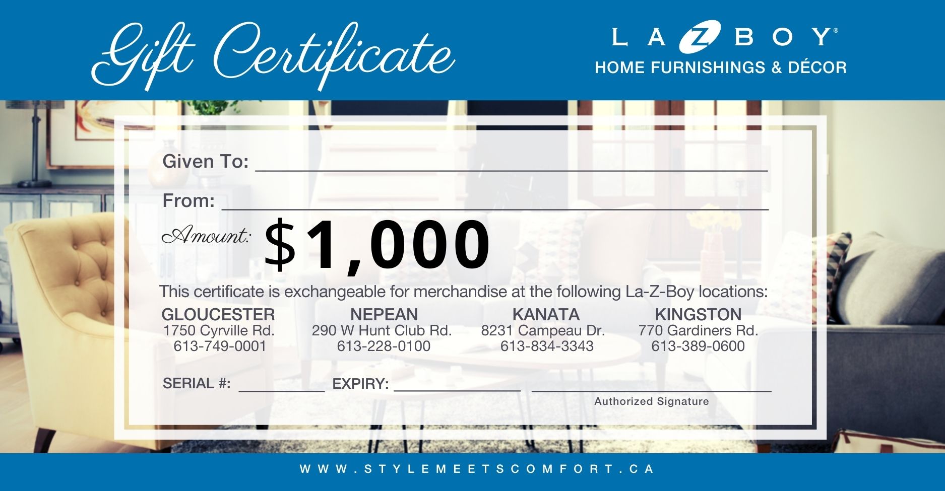 $1000_La-Z-Boy Gift Certificate $1000_La-Z-Boy Gift Certificate